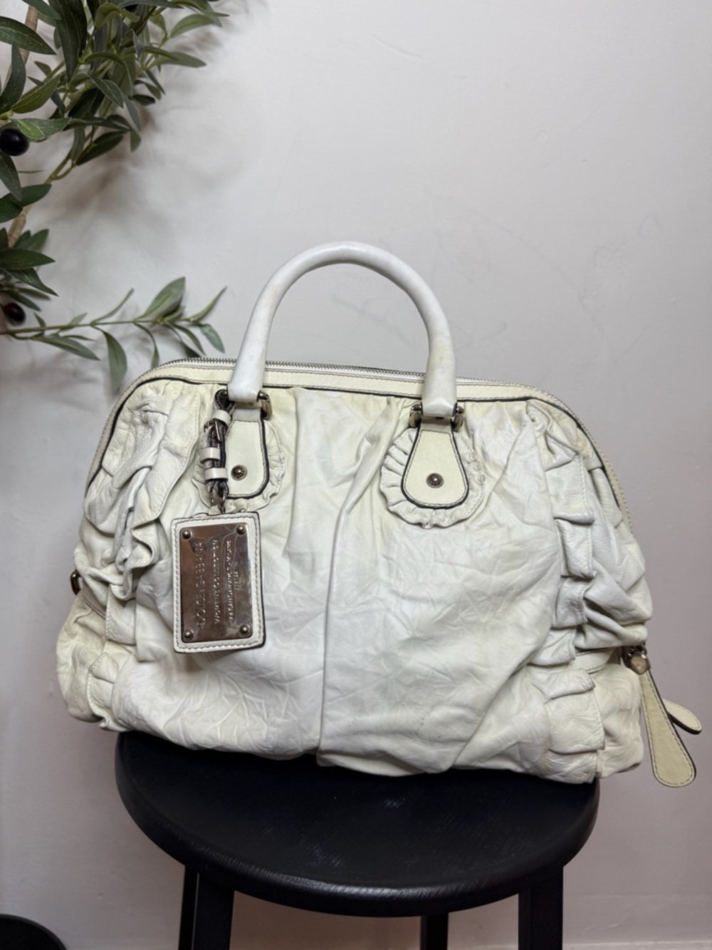 Dolce & Gabbana White Leather Ruffled Top-Handle Satchel